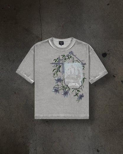 EMBROIDERED SCROLL TEE (DYED GREY)