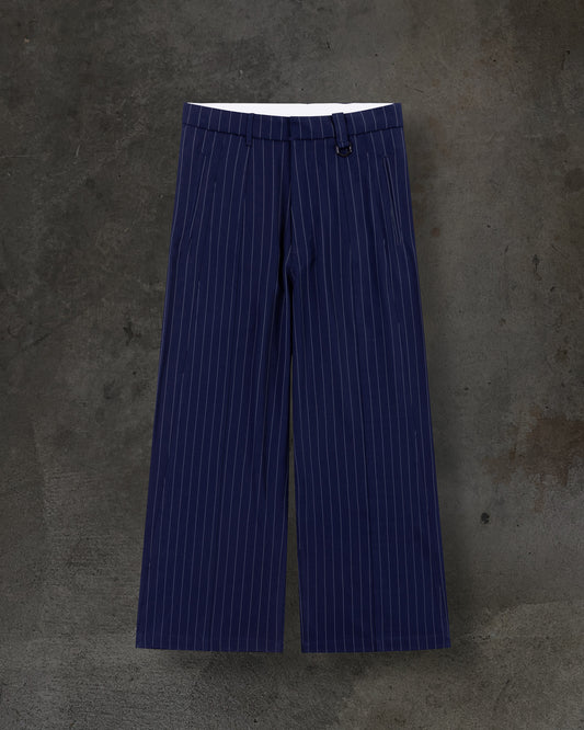 WIDE-LEG DRESS PANTS (PINSTRIPED NAVY/WHT)