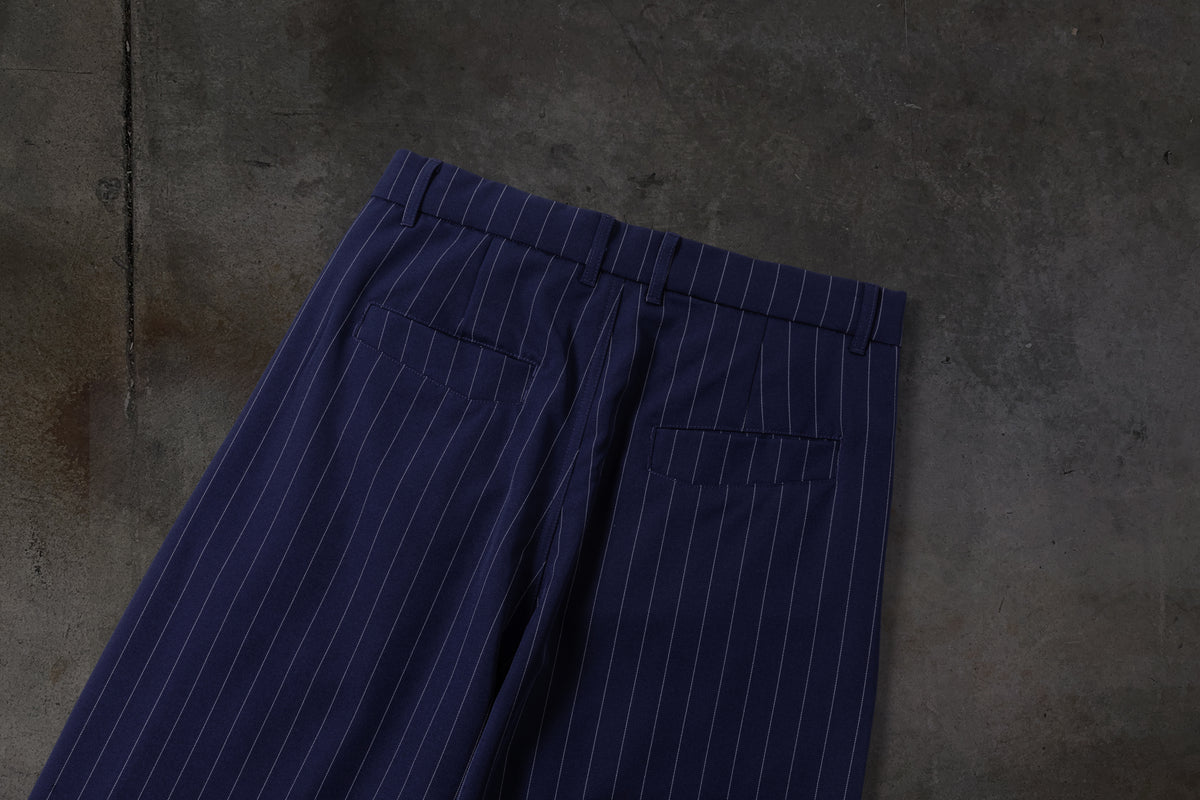 WIDE-LEG DRESS PANTS (PINSTRIPED NAVY/WHT)
